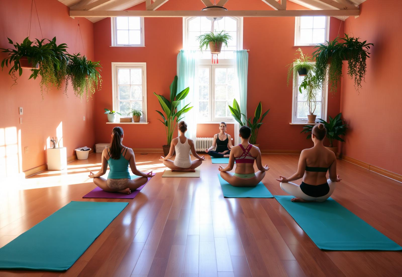 Group yoga class meditating