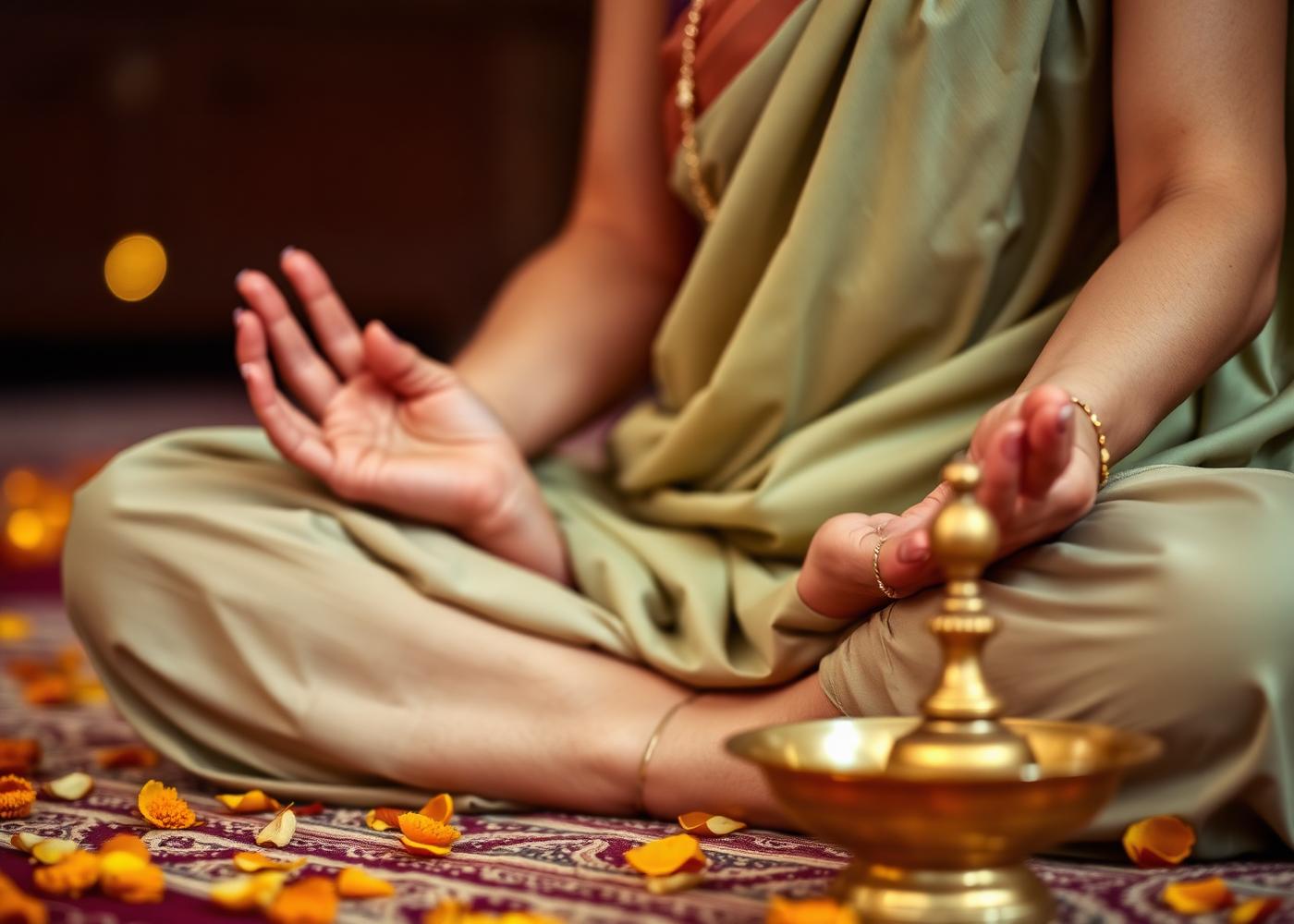 Meditation mudra with marigolds