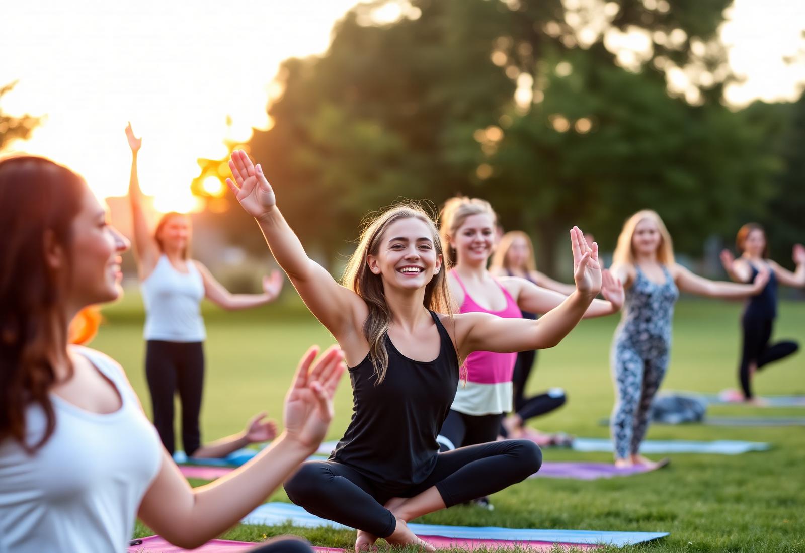 Teens practising yoga together outdoors at sunrise