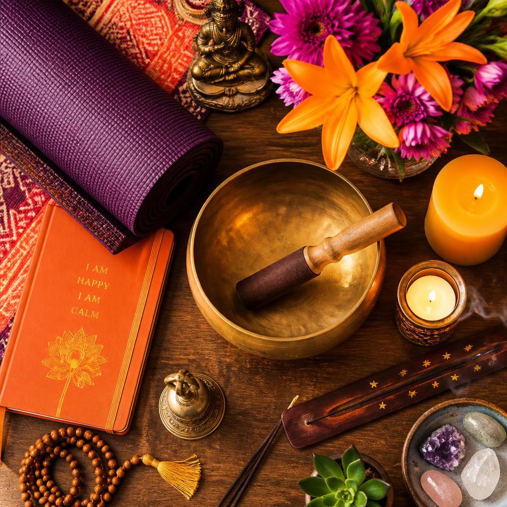 Wellness essentials flat-lay with singing bowl, candles and flowers